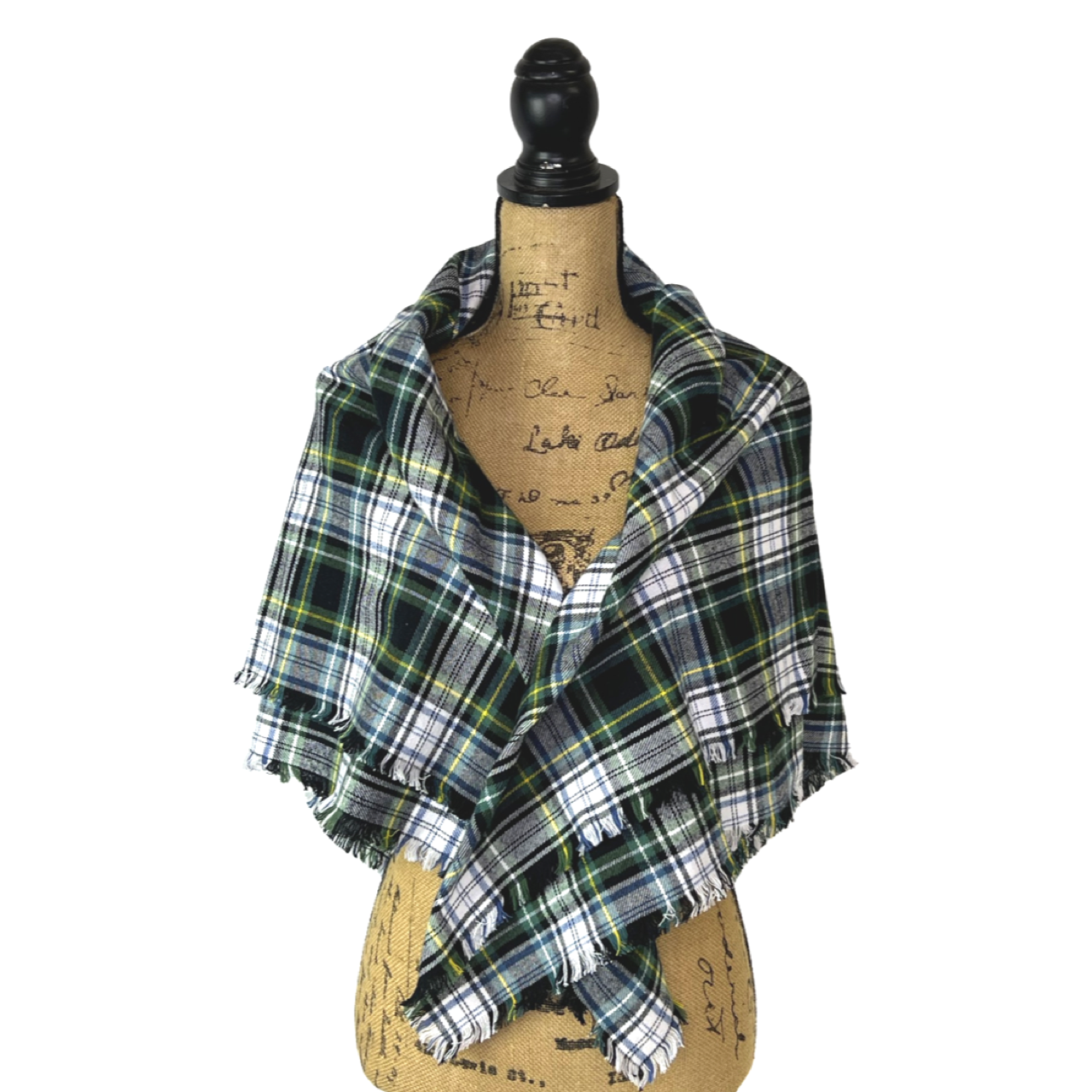 Bufanda infinita o tipo manta de franela a cuadros escoceses de color verde perenne, negro, blanco, azul polvoriento y amarillo