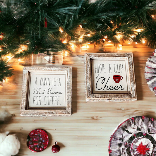 Cup of Cheer Sign by Gia Roma, two rustic framed signs with warm lights on Tampa Home & Garden Store
