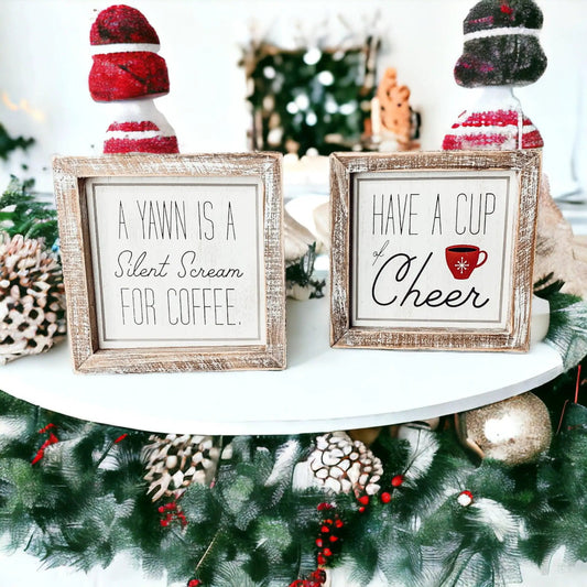 Rustic wood-framed Christmas signs by Gia Roma with Have a Cup of Cheer and coffee sayings on Tampa Home & Garden Store