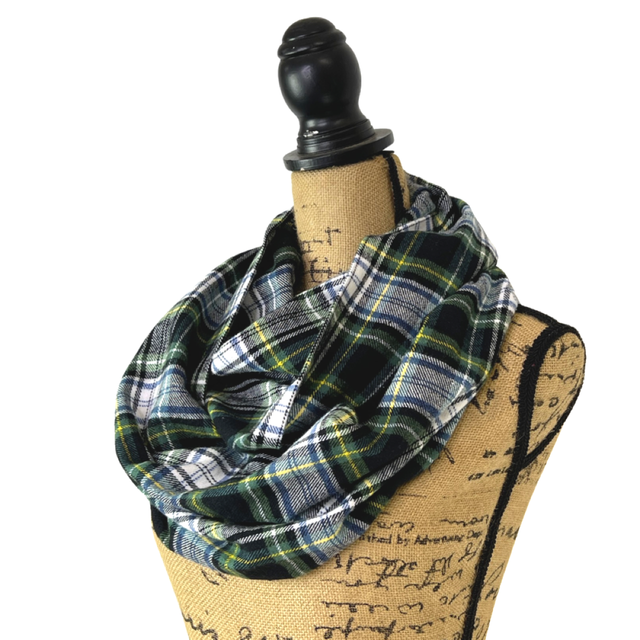 Bufanda infinita o tipo manta de franela a cuadros escoceses de color verde perenne, negro, blanco, azul polvoriento y amarillo