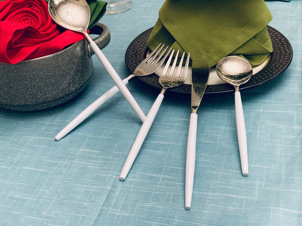 Vibhsa White & Silver flatware set, 20-piece stainless steel with white handles on Tampa Home & Garden Store