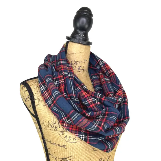 Infinity scarf in navy plaid with red, white, black and mustard accents by Thistle & Stitch on Tampa Home & Garden Store