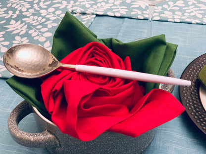 Vibhsa white-silver flatware spoon from 20pc stainless steel set on table with red napkin on Tampa Home & Garden Store