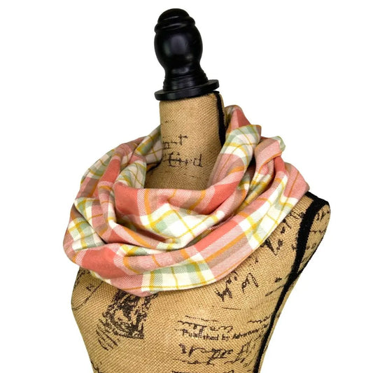 Infinity scarf by Thistle & Stitch in dusty salmon pink plaid, sage, white and mustard yellow on Tampa Home & Garden Store
