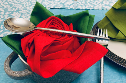 Vibhsa hammered silver flatware set, stainless steel, spoon and fork on red green napkins on Tampa Home & Garden Store