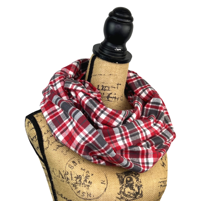 Écharpe infinie ou couverture en flanelle à carreaux rouges, gris anthracite et blancs