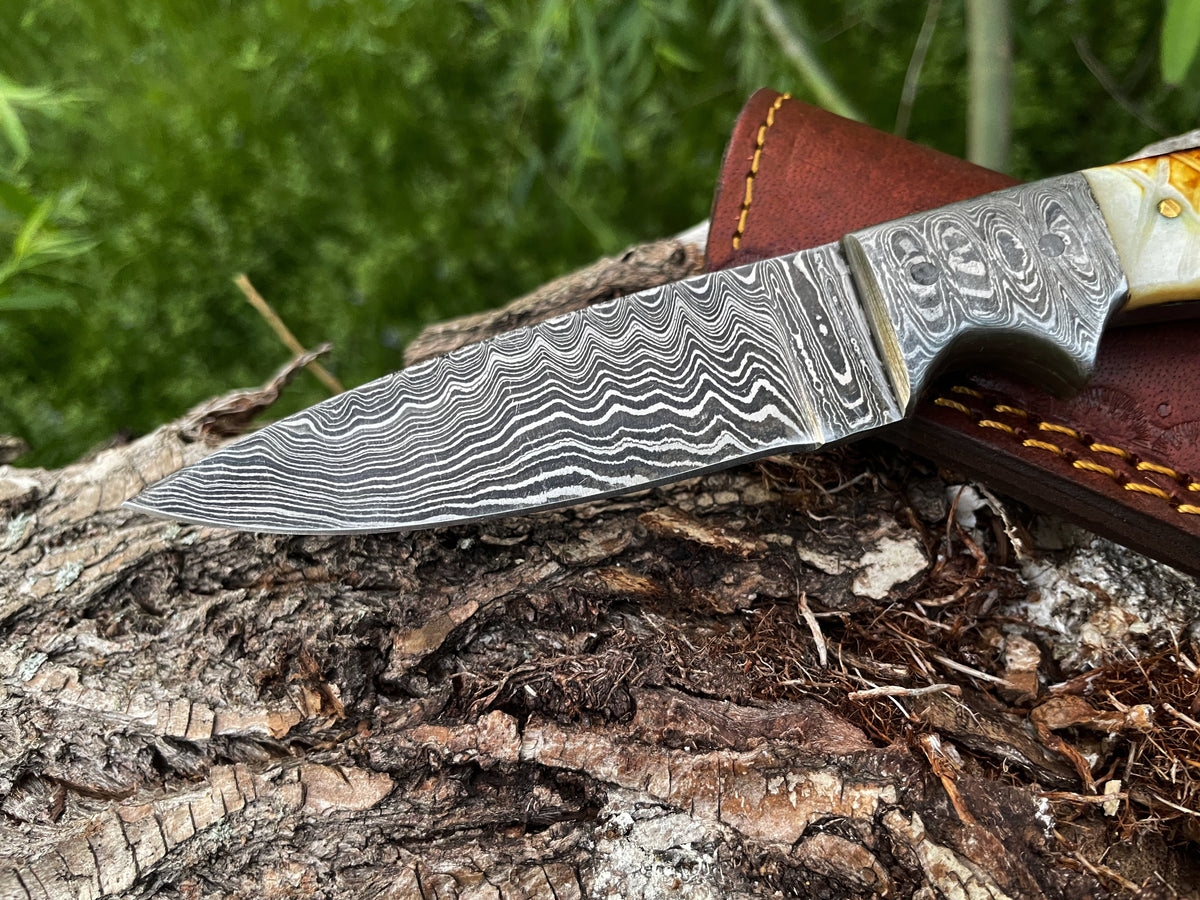 Drop point Damascus blade TD-102 by Titan International K with brown leather sheath on Tampa Home & Garden Store