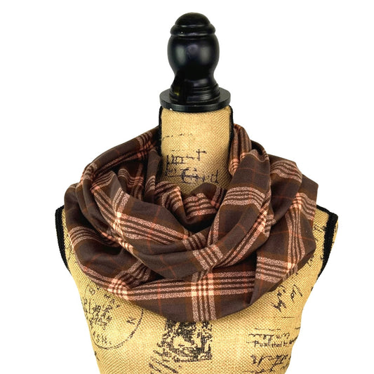 Écharpes à carreaux 100 % coton biologique, marron chocolat foncé et chocolat au lait avec des touches de rose et de rouille