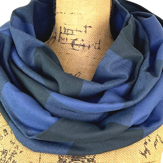 100% Organic Cotton Buffalo Plaid Large Block in Indigo and Black Infinity and Blanket Scarves