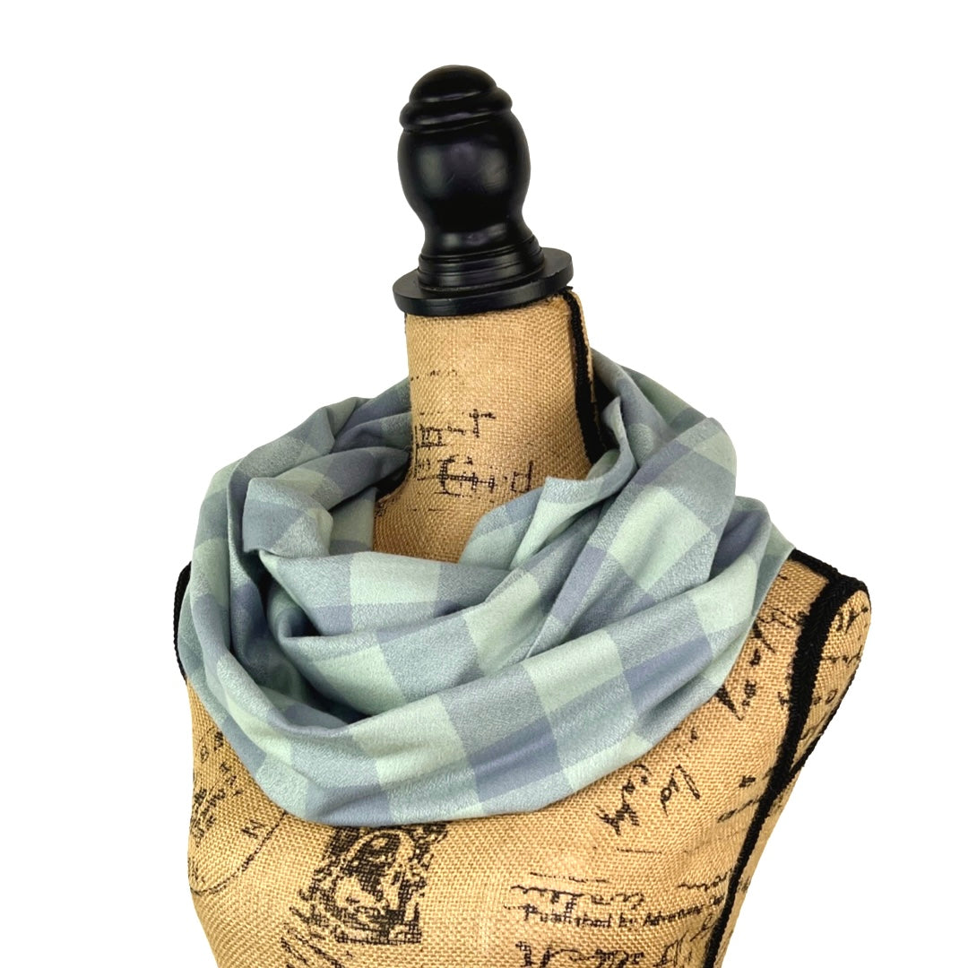 100% Organic Cotton Buffalo Plaid in Mint Green and Periwinkle Grey Infinity and Blanket Scarves