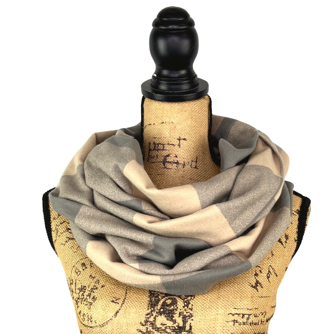 100% Organic Cotton Buffalo Plaid Large Block in Latte and Warm Smoky Grey Infinity and Blanket Scarves