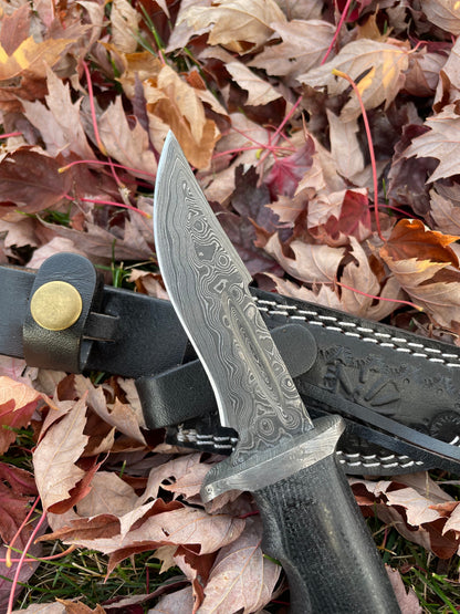 Darkwood Sentinel TK-211 Damascus knife blade with swirl pattern and black leather sheath on Tampa Home & Garden Store