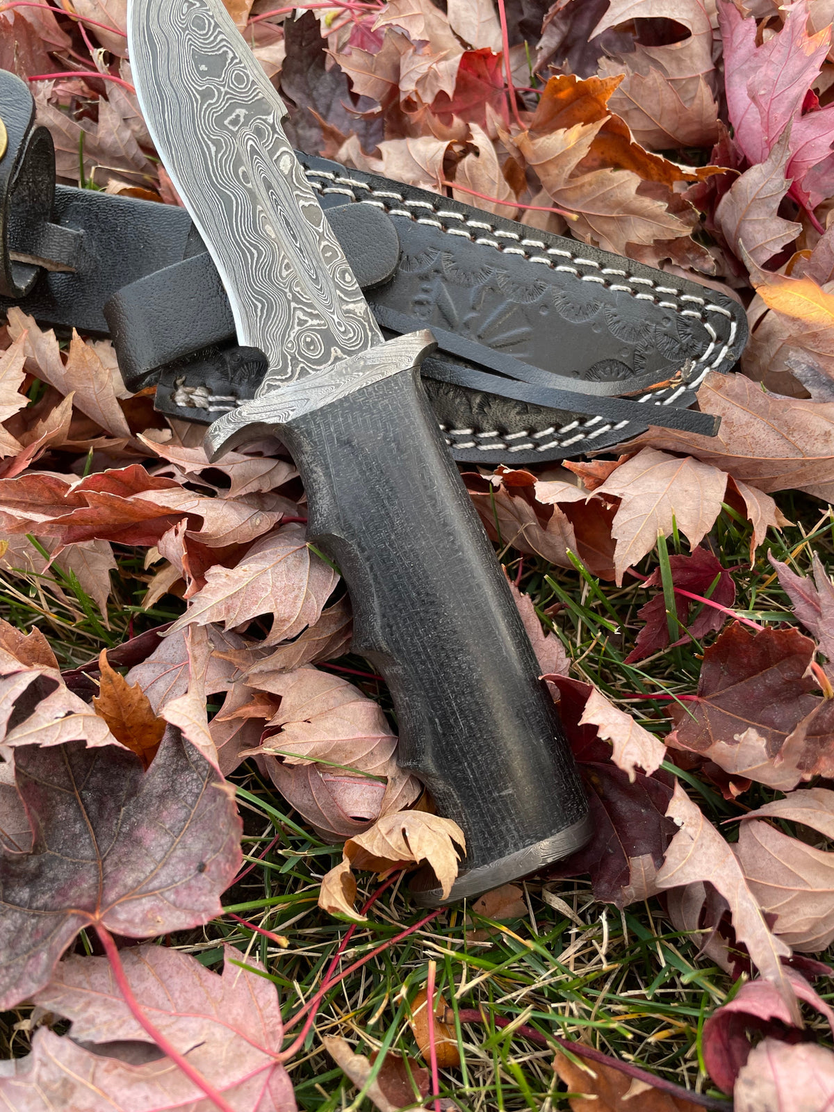 Darkwood Sentinel TK-211 Damascus steel knife with black handle and leather sheath on Tampa Home & Garden Store