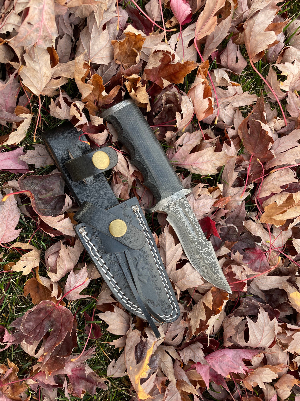 Darkwood Sentinel TK-211 Damascus knife with black leather sheath and brass rivets on Tampa Home & Garden Store