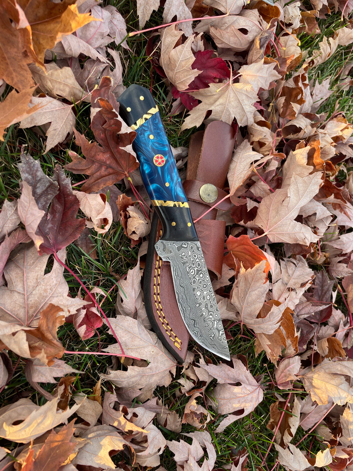 Blue Phantom TK-213 Damascus steel knife by Titan International K with blue handle and sheath on Tampa Home & Garden Store