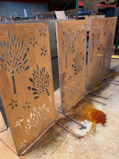 Rusted metal privacy screens with floral cutouts Rustica Ornamentals 46-inch panels on Tampa on Tampa Home & Garden Store