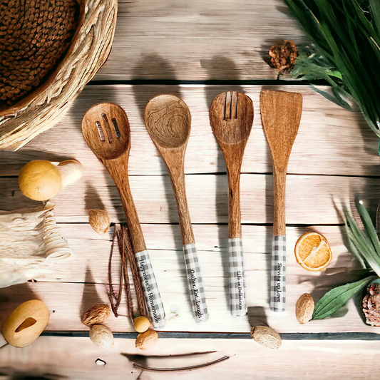 Gia Roma wooden serving utensils set of 5 with natural wood finish and checkered handles on Tampa Home & Garden Store