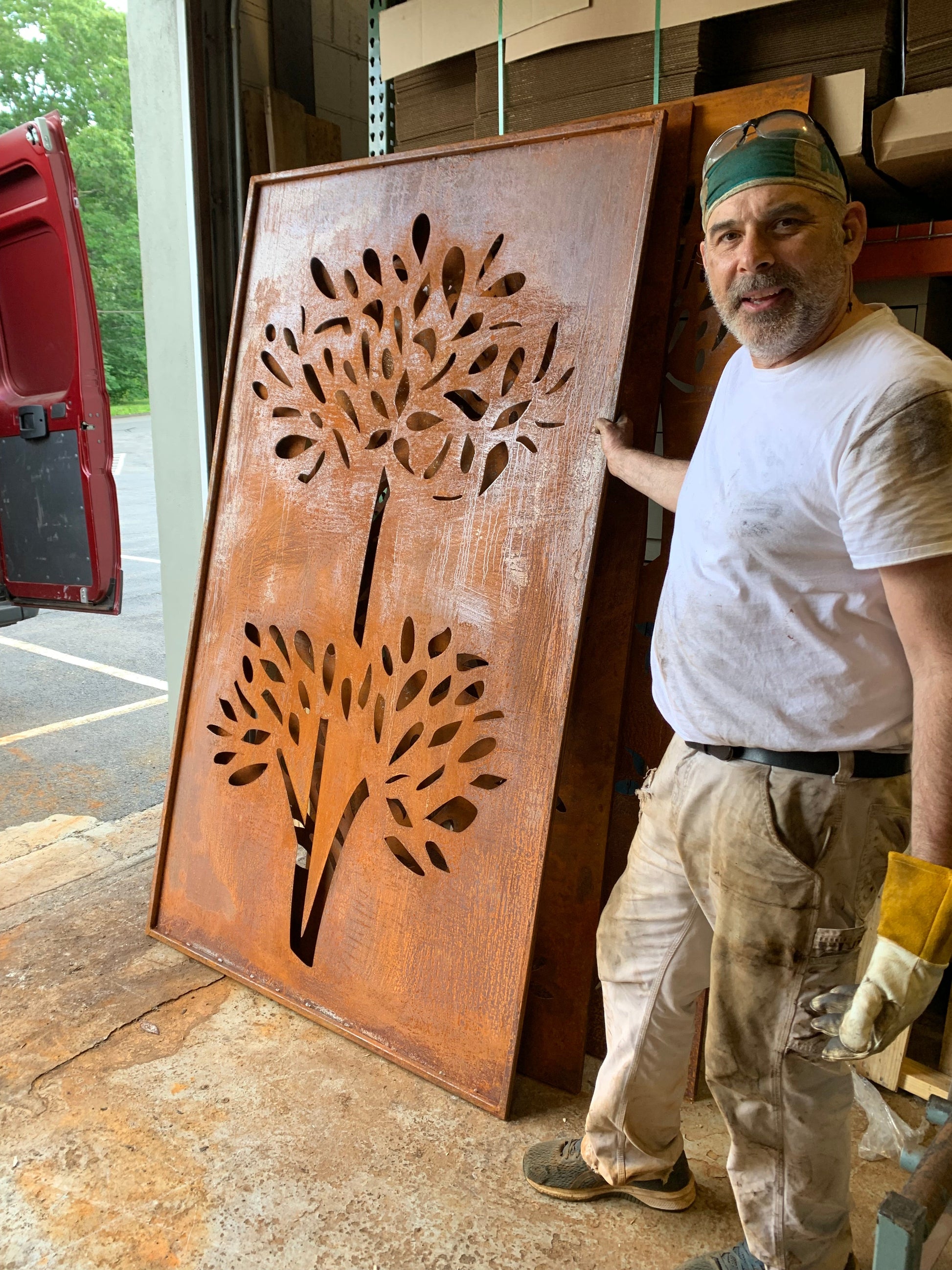Outdoor privacy screen art; rusted metal panels tree cutouts, 2-panel Rustica Ornamentals on Tampa Home & Garden Store