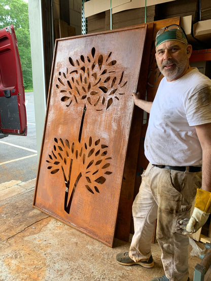 Outdoor privacy screen art; rusted metal panels tree cutouts, 2-panel Rustica Ornamentals on Tampa Home & Garden Store