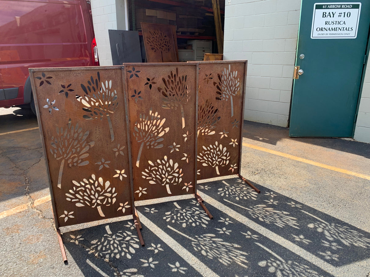 Privacy screens rusted metal panels with tree and flower cutouts, Rustica Ornamentals, 46-inch on Tampa Home & Garden Store