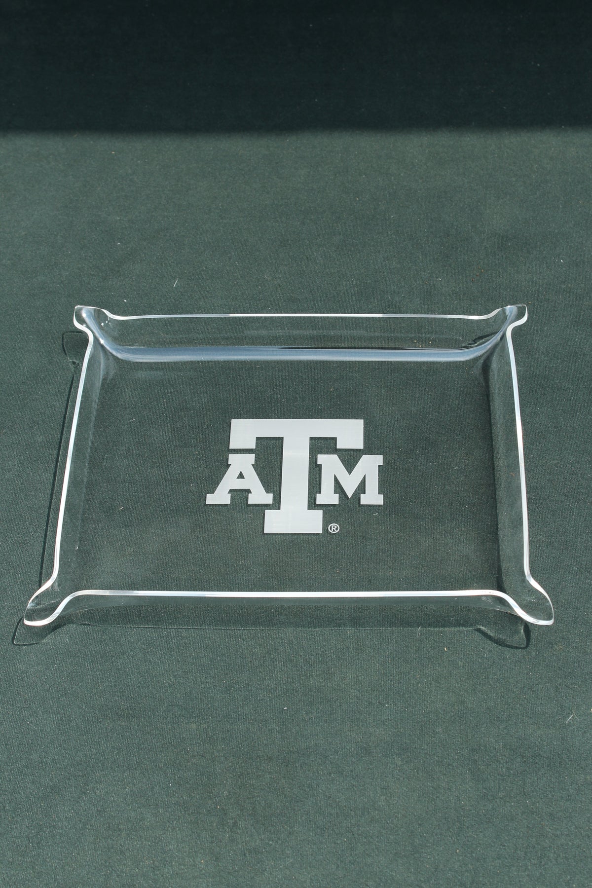Texas A&M University acrylic tray, clear rectangular decorative tray with curved edges on Tampa Home & Garden Store