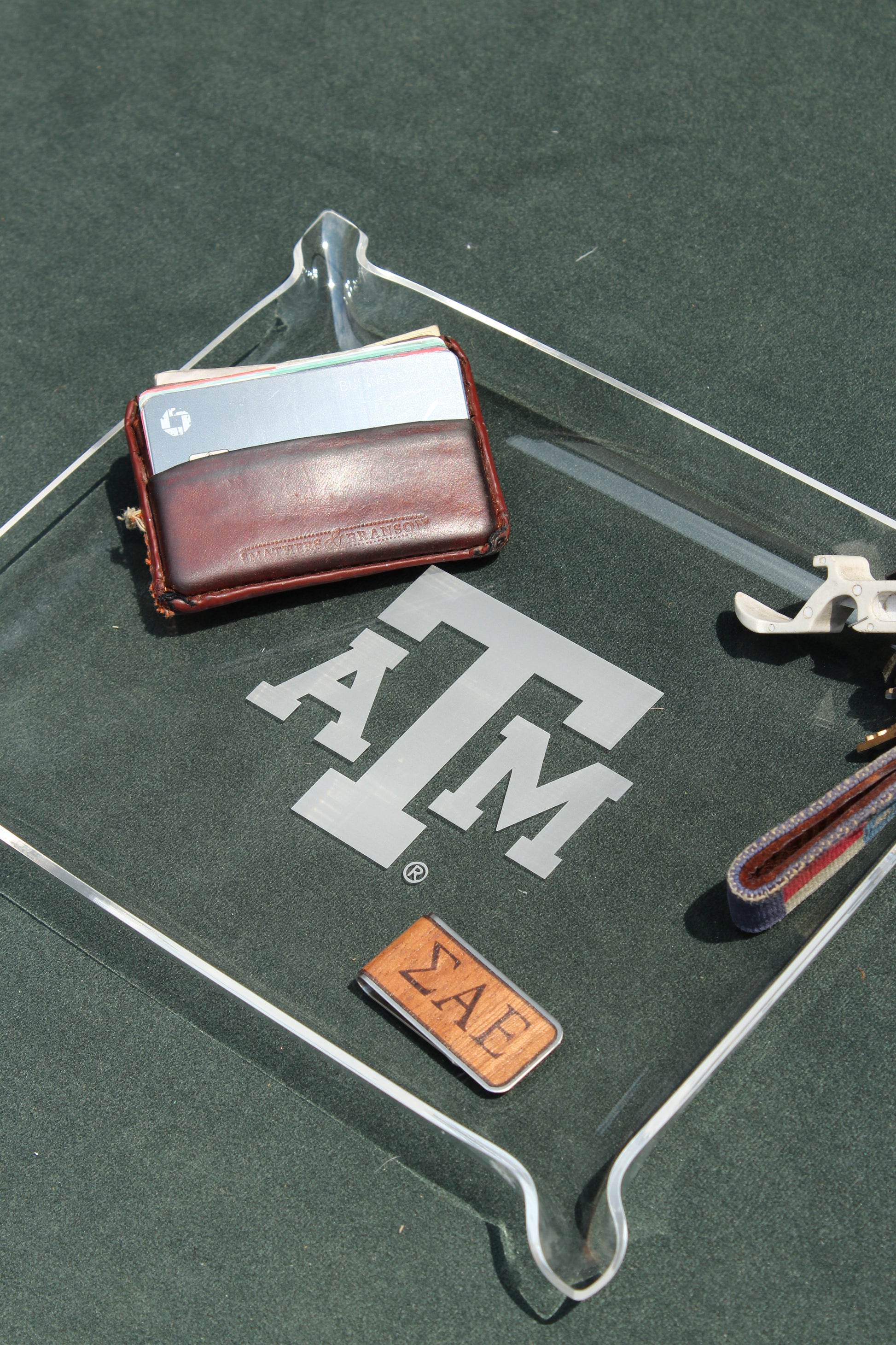 Texas A&M University acrylic tray with brown leather wallet and cards on Tampa Home & Garden Store