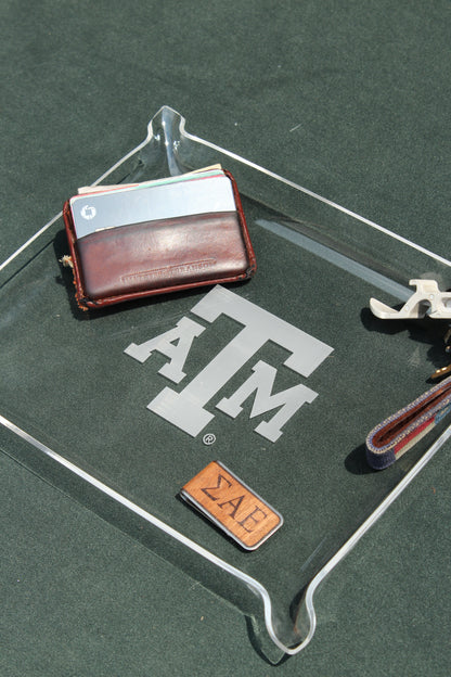 Texas A&M University acrylic tray with brown leather wallet and cards on Tampa Home & Garden Store