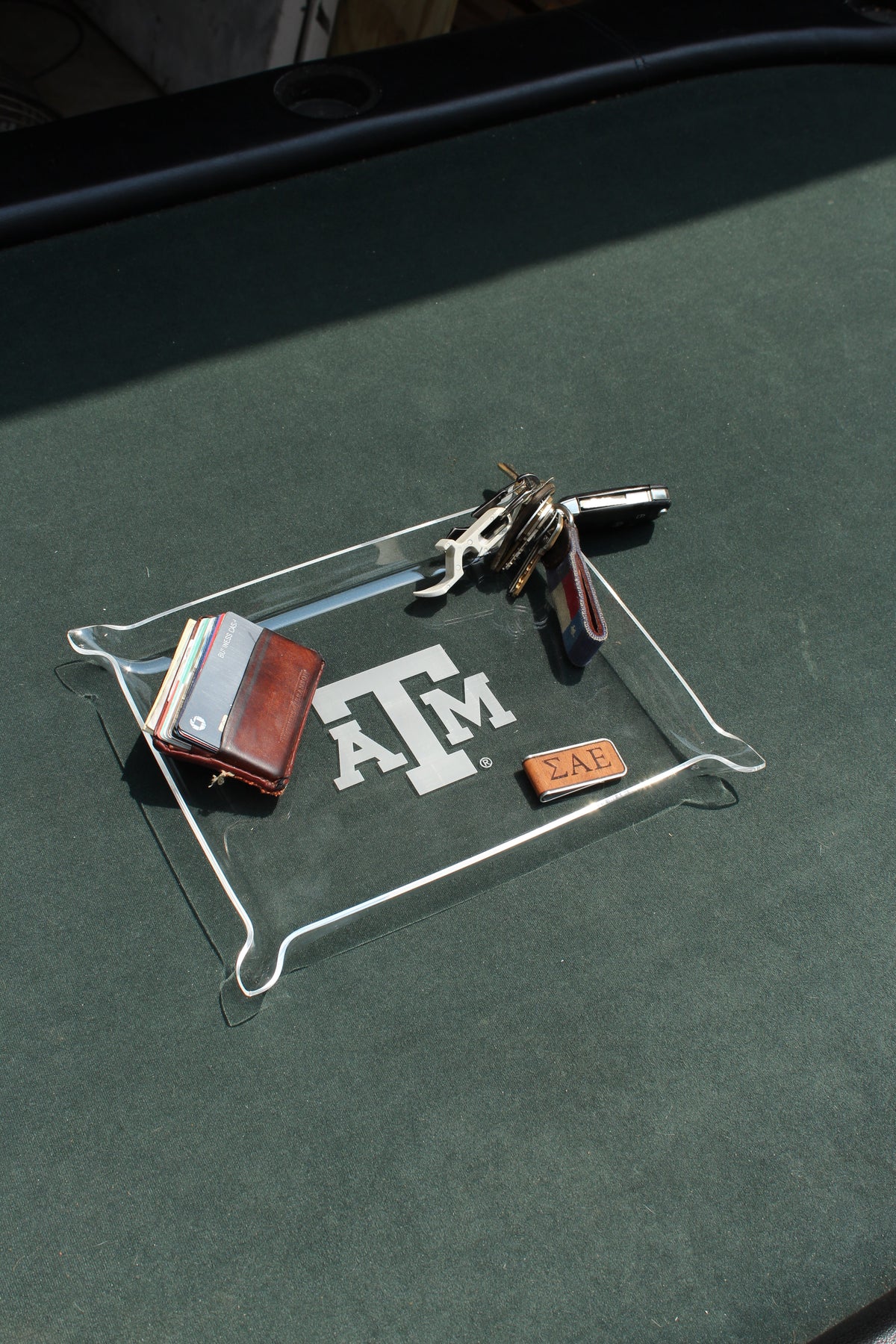 Texas A&M University acrylic tray by Ryan's Woodworking, TAMU logo, holds keys on Tampa Home & Garden Store