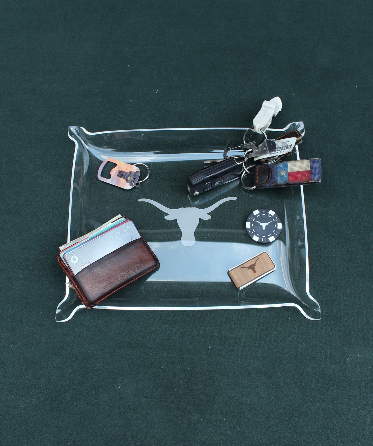 Texas Longhorns acrylic tray by Ryan's Woodworking, clear with white longhorn emblem on Tampa Home & Garden Store