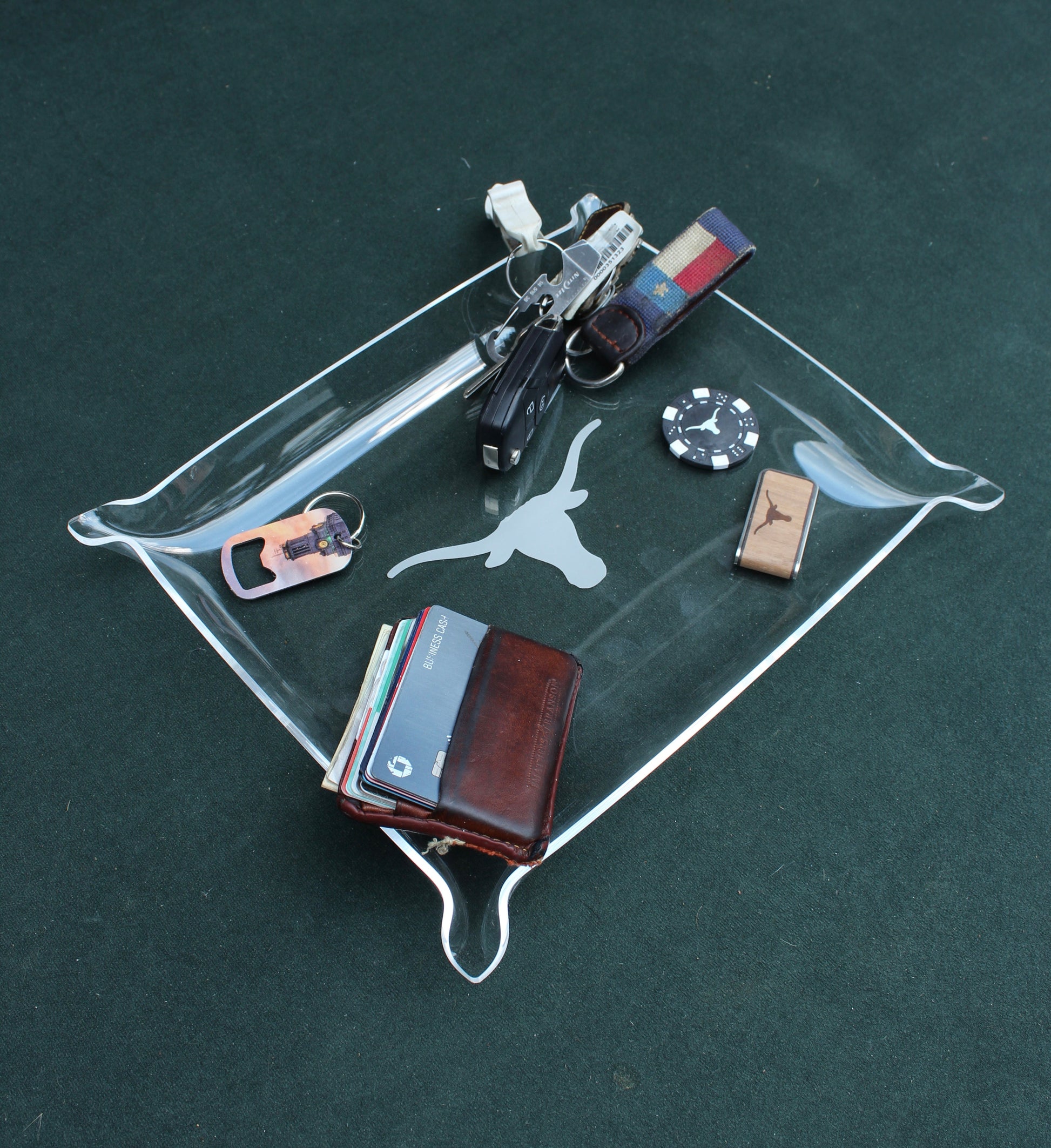 Texas Longhorns acrylic serving tray with clear panel and white longhorn silhouette, holds keys on Tampa Home & Garden Store