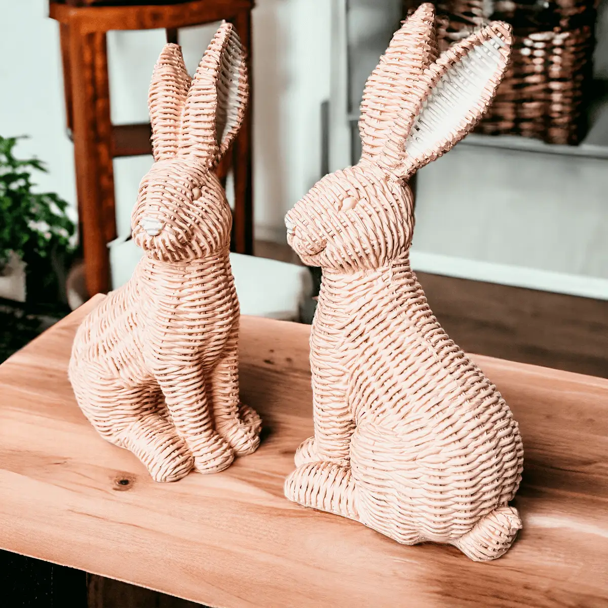 Resin Basket Weave Bunny Decor For Spring Tables