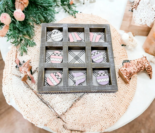 Gia Roma Easter & Spring Tic Tac Toe decor in a rustic wood grid with pastel egg tokens on Tampa Home & Garden Store