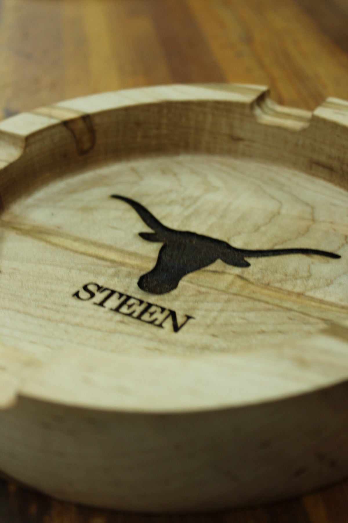 Texas Longhorns Maple Wood Cigar Ashtray by Ryan's Woodworking, round maple with black longhorn on Tampa Home & Garden Store