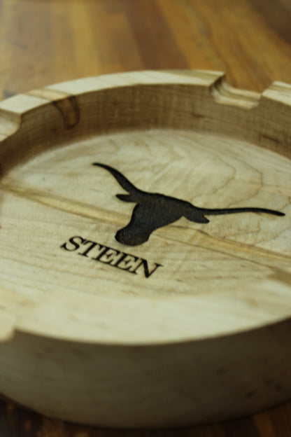 Texas Longhorns Maple Wood Cigar Ashtray by Ryan's Woodworking, round maple with black longhorn on Tampa Home & Garden Store