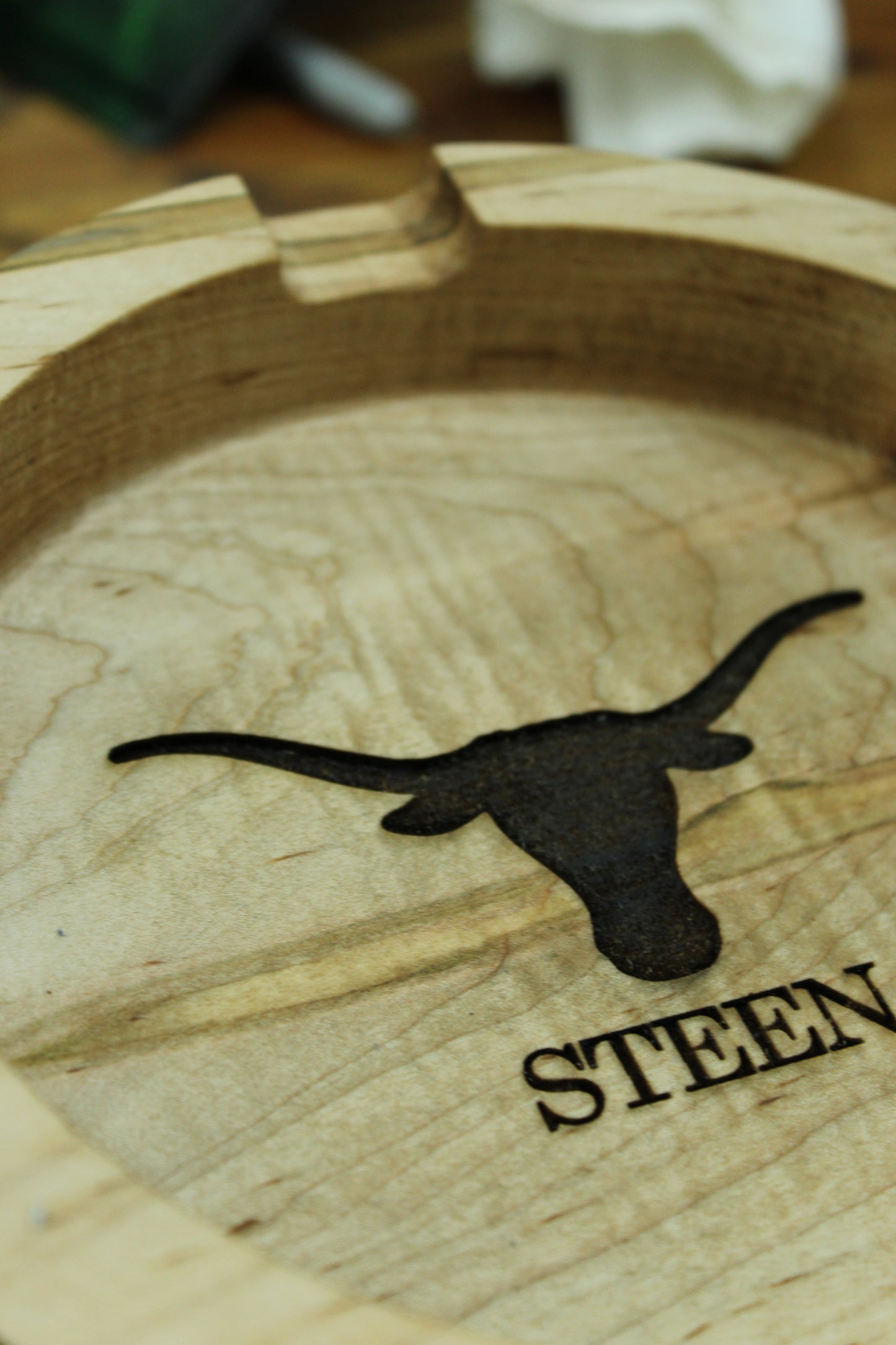 Texas Longhorns Maple Wood Cigar Ashtray, round, with black longhorn silhouette on Tampa Home & Garden Store