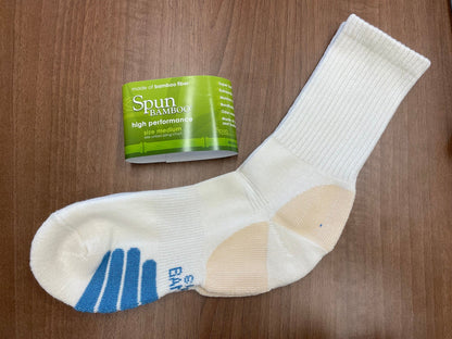Socks Spun Bamboo high performance crew, white bamboo viscose, unisex with blue toe stripes on Tampa Home & Garden Store