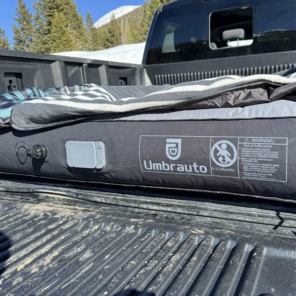 Umbrauto truck bed air mattress with built-in pump, gray fabric in pickup bed on Tampa Home & Garden Store