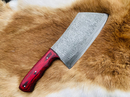 Custom Damascus steel cleaver with red handle by Titan International K on Tampa Home & Garden Store