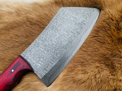 Custom Damascus steel cleaver with red handle by Titan International K on Tampa Home & Garden Store