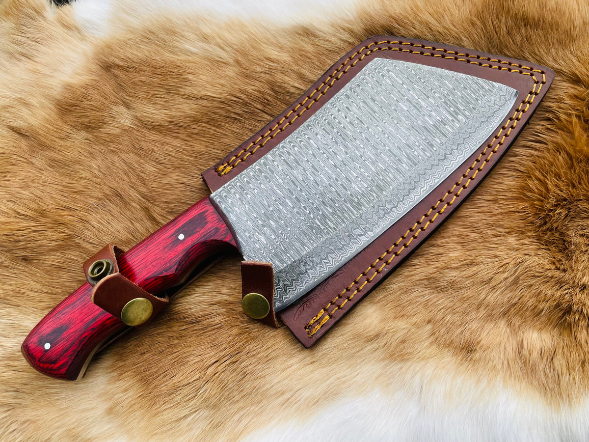 Custom Damascus steel cleaver with red handle and brown leather sheath Titan International K on Tampa Home & Garden Store