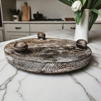 Rustic round wood jewelry tray on pedestal with bronze knobs and distressed brown finish on Tampa Home & Garden Store