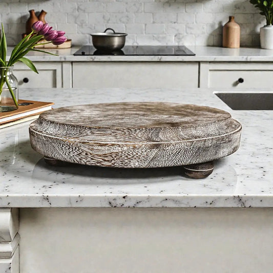 Rustic Round Wood Jewelry Tray on Pedestal by Gia Roma, weathered wood finish, decorative tray on Tampa Home & Garden Store