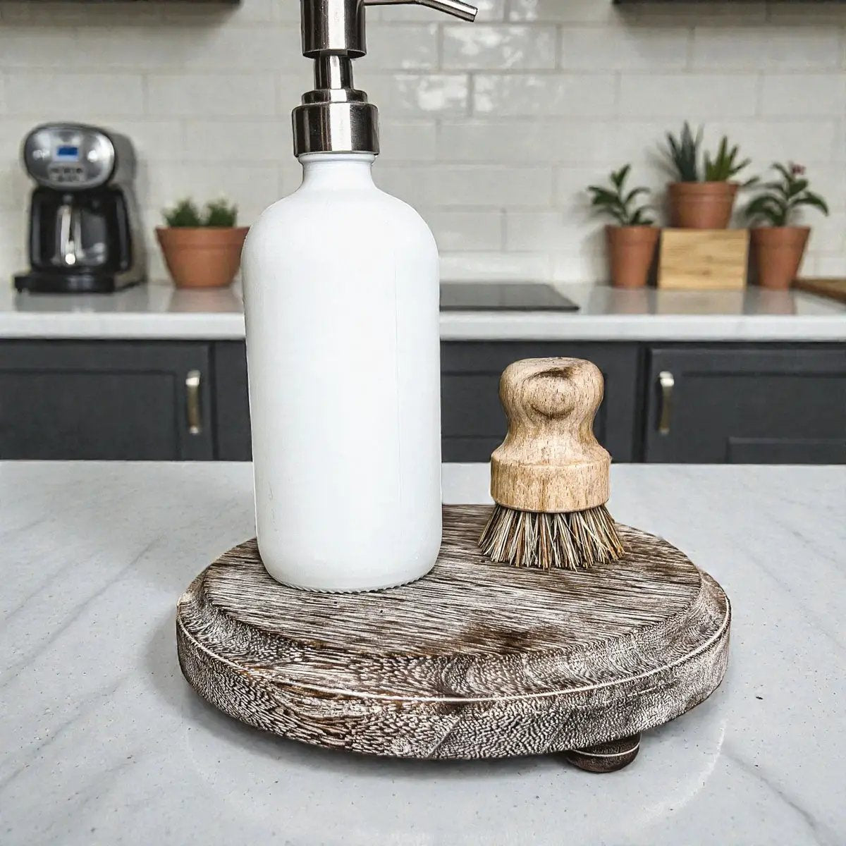 Rustic round wood jewelry tray on pedestal with white soap dispenser and brush by Gia Roma on Tampa Home & Garden Store