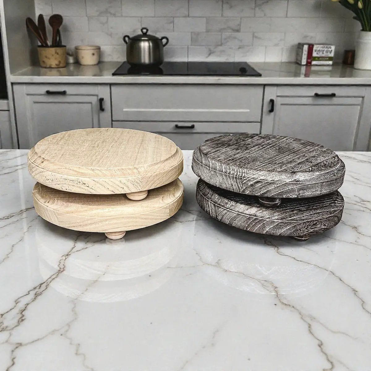 Gia Roma rustic round wood jewelry tray on pedestal, natural and dark finishes, four trays on Tampa Home & Garden Store