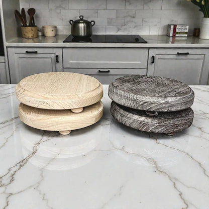 Gia Roma rustic round wood jewelry tray on pedestal, natural and dark finishes, four trays on Tampa Home & Garden Store
