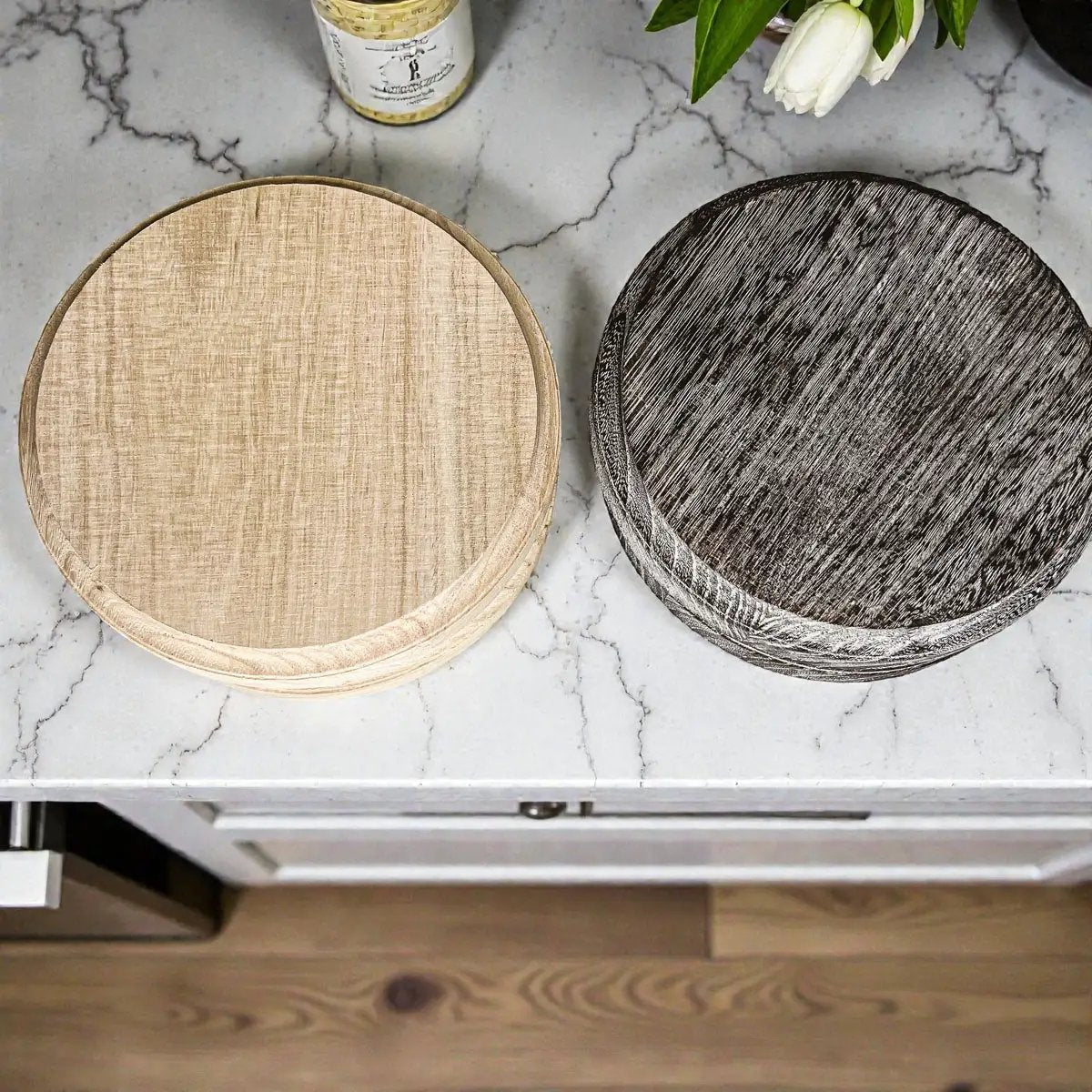 Gia Roma rustic round wood jewelry tray on pedestal set of 2 in natural and dark finishes on Tampa Home & Garden Store