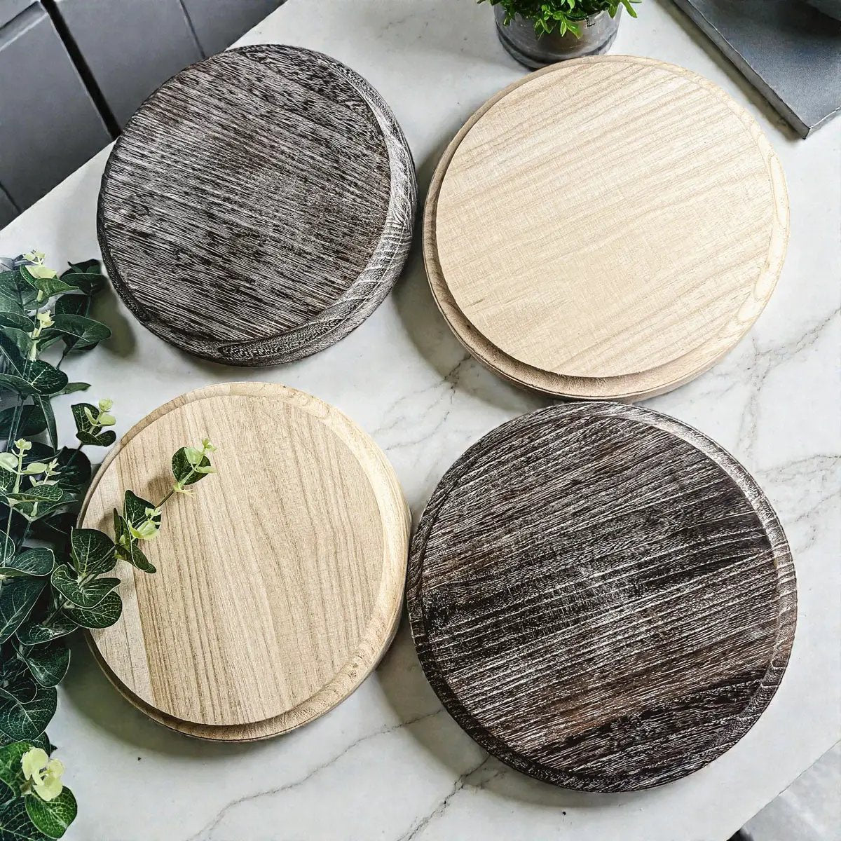 Rustic Round Wood Jewelry Tray on Pedestal by Gia Roma, set of four light and dark wooden trays on Tampa Home & Garden Store