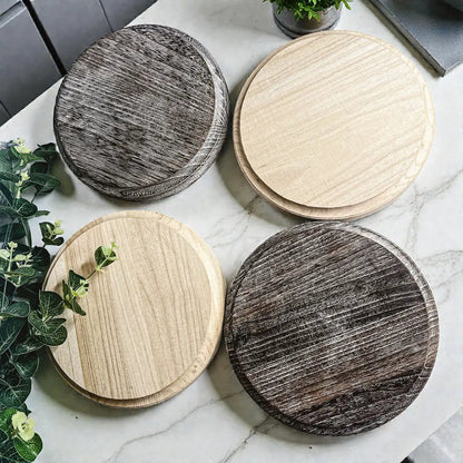 Rustic Round Wood Jewelry Tray on Pedestal by Gia Roma, set of four light and dark wooden trays on Tampa Home & Garden Store