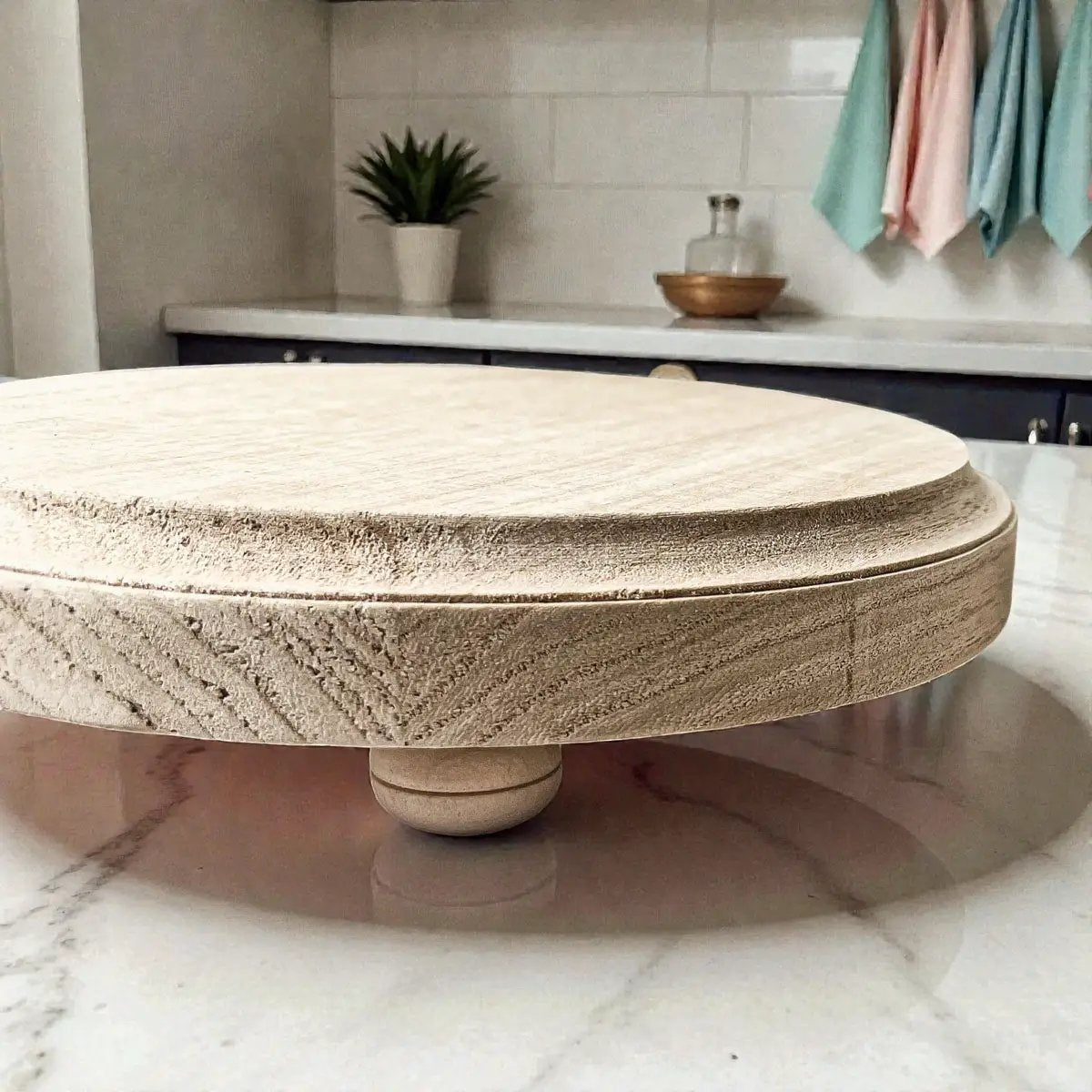 Rustic round wood jewelry tray on pedestal in light beige wood Gia Roma decorative tray on Tampa Home & Garden Store