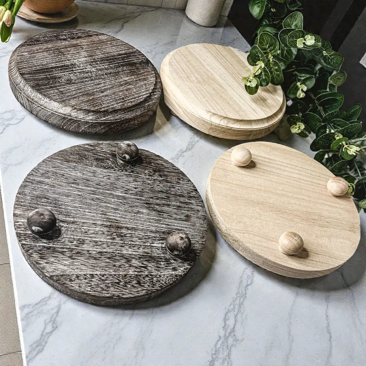 Rustic round wood jewelry tray on pedestal, four dark and light finishes with knobs Gia Roma on Tampa Home & Garden Store